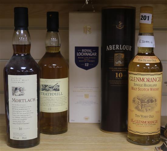 Five assorted bottles of whisky: Glenmorangie, Mortlach 16yo, Strathmill 12yo, Aberlour 10yo and Royal Loch Nagar 12yo
